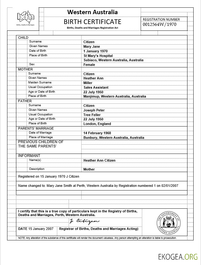 Australie Modèle d'acte de naissance d'Australie Occidentale au format Word, version 3